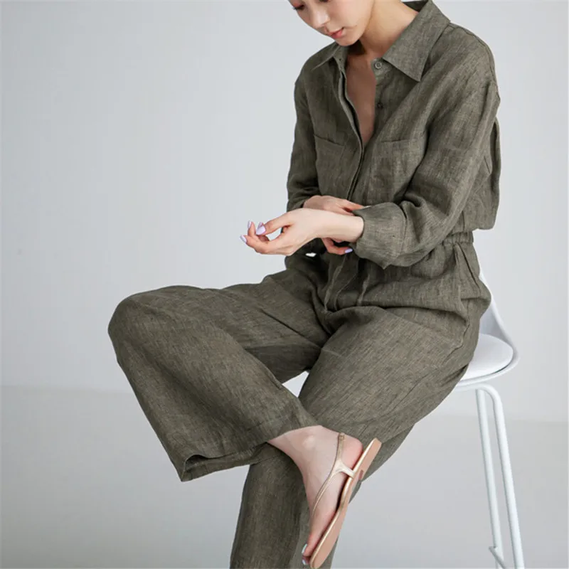 

IHOBBY Cotton Linen Wide Leg Jumpsuit Women Summer Lace Up Waist Label Collar Long Sleeve Jumpsuit Linen One Piece Outfits