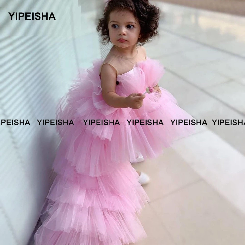 Yipeisha rosa flor meninas vestidos para o casamento inchado meninas pageant vestido alta baixa vestido de baile da criança primeiro comunhão vestido