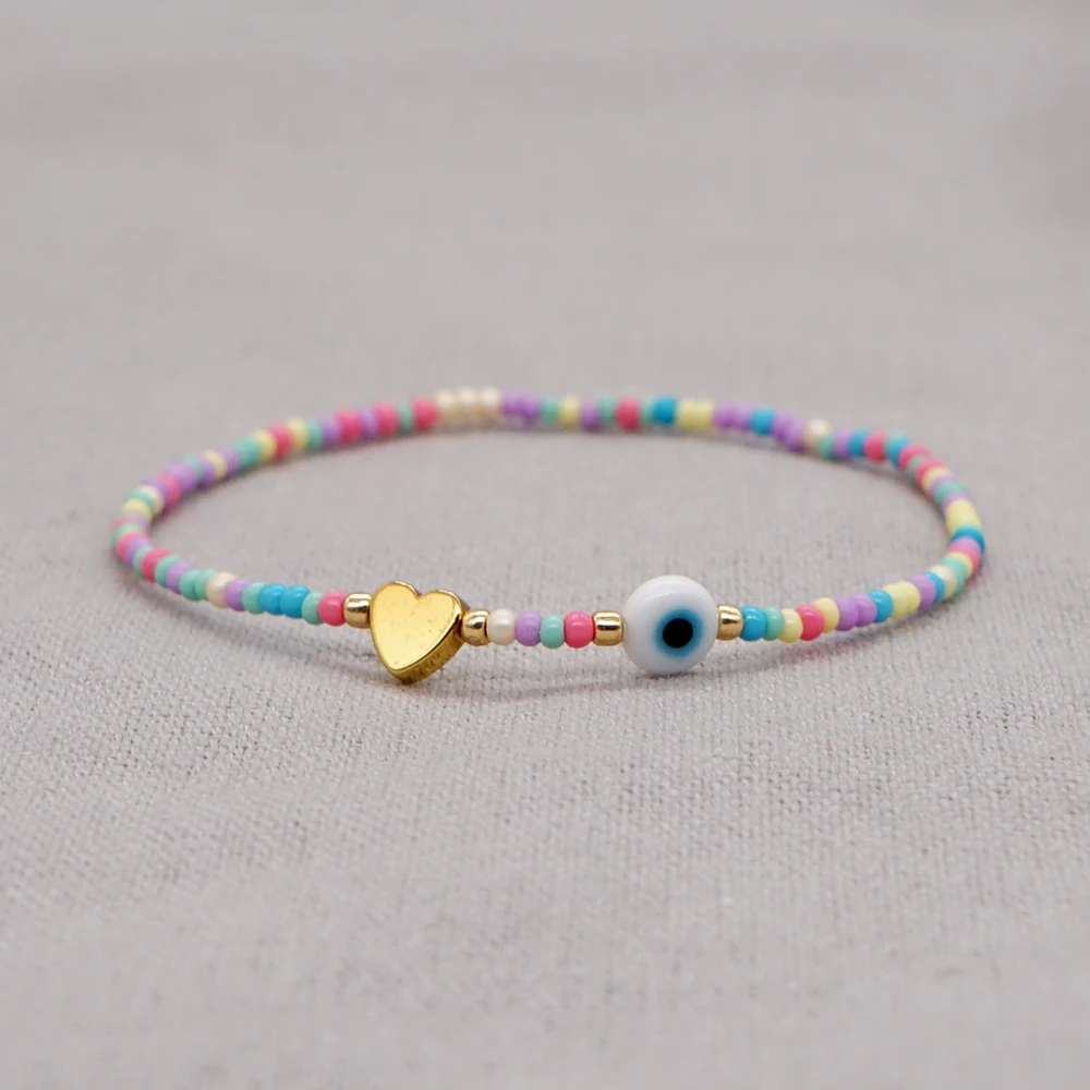 1pc Fashion Jewelry Charm Bracelet Golden Heart White Glazed Evil Eye Colorful Seed Beaded Couple Bracelets for Women Lovers