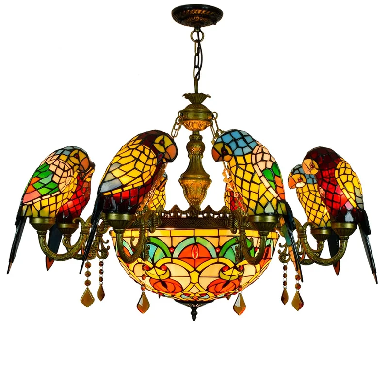 Tifanny Chandelier Lovely Parrot Bird Lamp Colorful Stained Glass Suspension Luminaire For Dinning Room Indoor Lighting Fixture