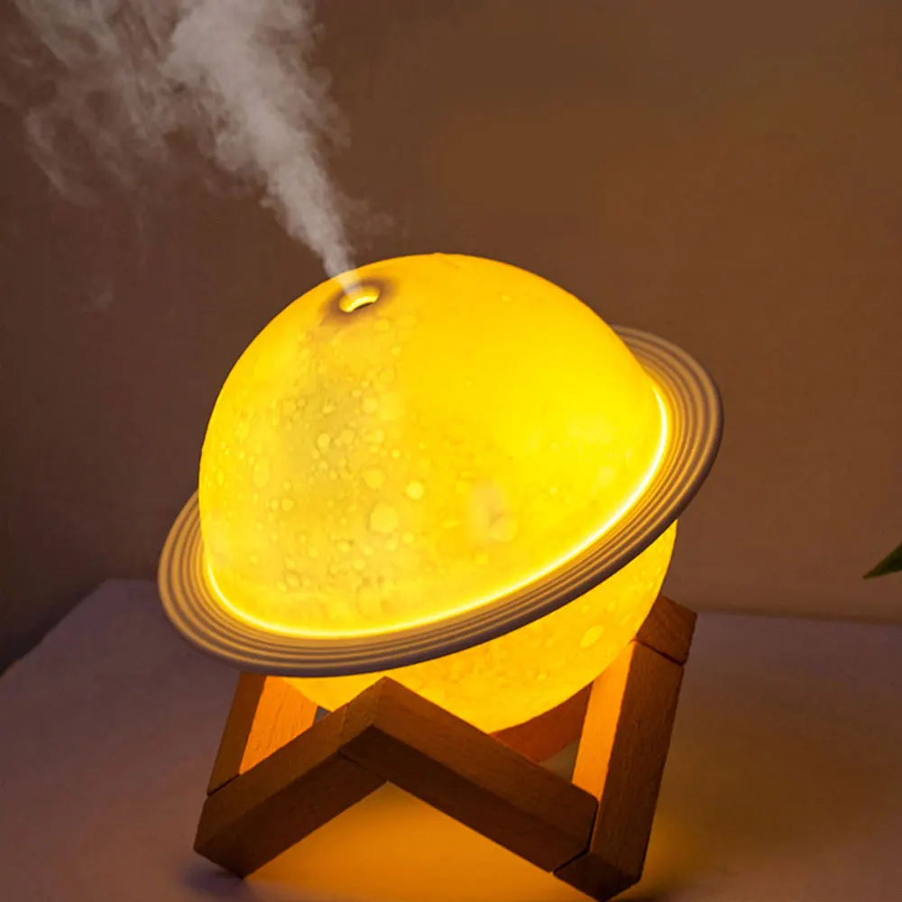 Humidificador de luz de Planeta de sobremesa, ambiente LED, espray de aire nocturno pequeño con marco de madera para imprimir logotipo, sensación del hogar
