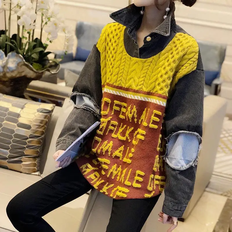 New Arrival Autumn Women Loose Casual Long Sleeve Turn-down Collar Pullovers Letter Print Patchwork Cotton Denim Hoodies W727