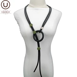 UKEBAY New Green Wood Pendant Necklaces For Women Long Necklace Rubber Jewelry Designer Handmade Necklace Simple Accessories