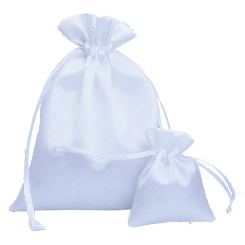 10pcs/lot 7x9, 10x12, 16x20 cm White Satin Pouch Drawstring Bags Candy/Jewelry/Necklace/Rings/Beads Packaging Silk Cloth Bag