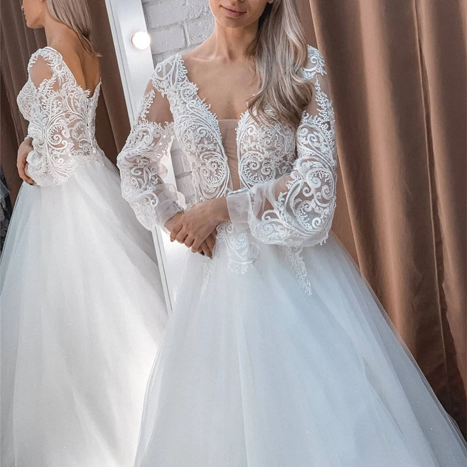 Elegant Wedding Dresses 2024 A-Line V-Neck Long Sleeve Backless Lace Appliques Tulle Sweep Train Bridal Gown Vestidos De Noiva