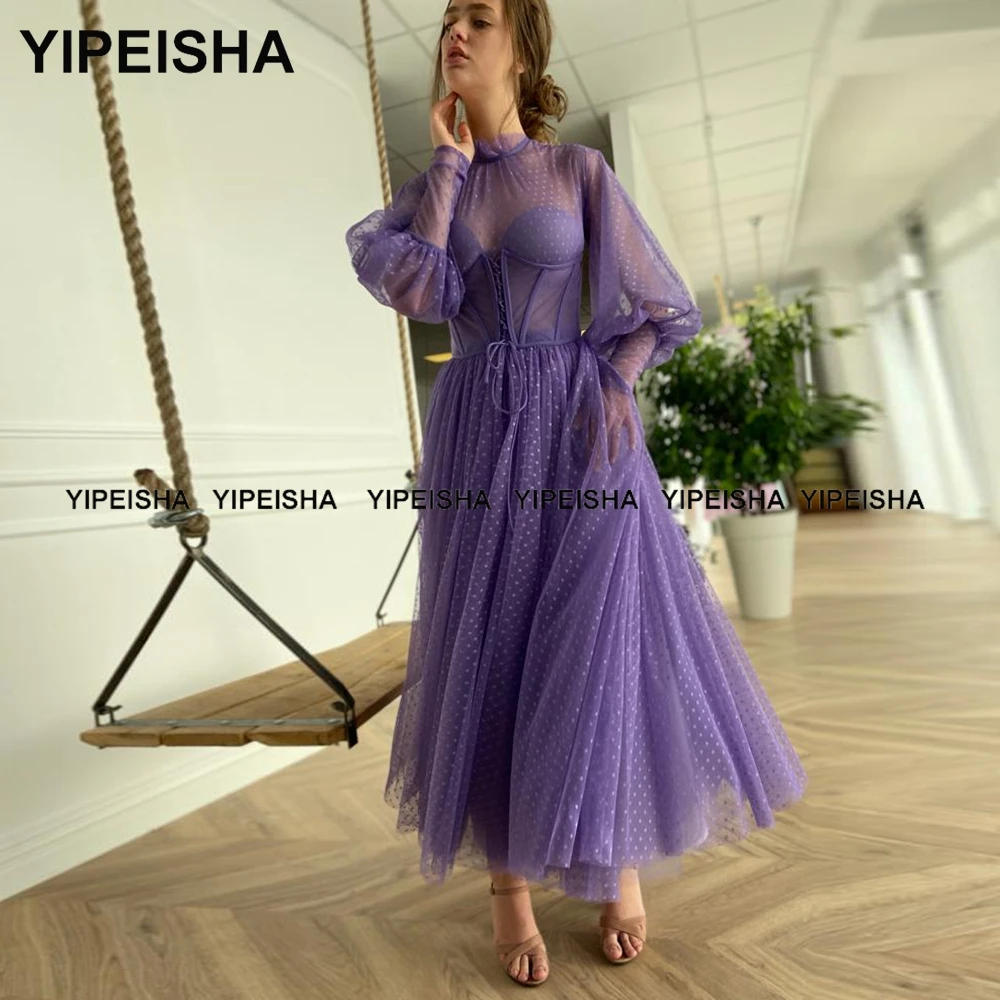 Yipeisha Hoge Hals Paars Prom Dresses Thee Lengte Bladerdeeg Mouwen A-lijn Party Dress Dot Tulle Homecoming Gown Robe De Cocktail