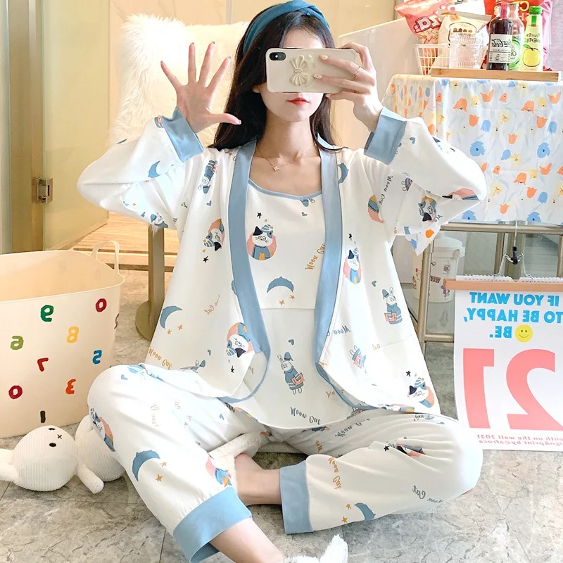 3pcs Pregnancy Nightwear Cotton Coat+T-shirt+Pants Sleepwear Maternity Pyjama For Pregnant Sets Women Breastfeeding Nightgown