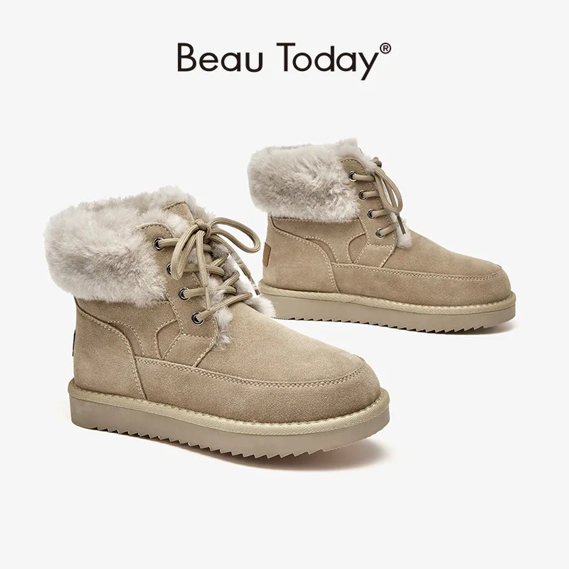 BeauToday Women's suede and leather snow ankle boots, warm wool and fur shoes, handmade, FS08204