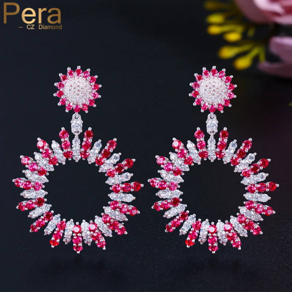 

Pera Temperament Silver Color Red Ruby CZ Stone Crystal Long Dangle Big Round Flower Drop Earrings for Women Fine Jewelry E713