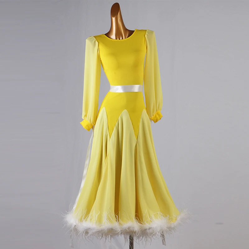 Ballroom dance dress ballroom dance competition dresses yellow Modern Waltz Tango Dance Dress ostrich feather dance dress