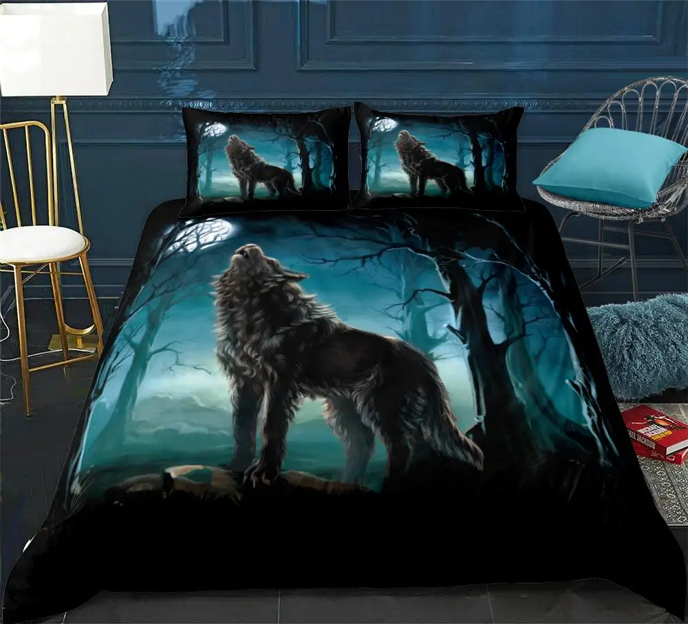 3 Pieces Wolf Duvet Cover Set Dark Night Wolf Bedding Wild Animal Quilt Cover Queen Home Textiles Wolf Bed Set Teens Dropship