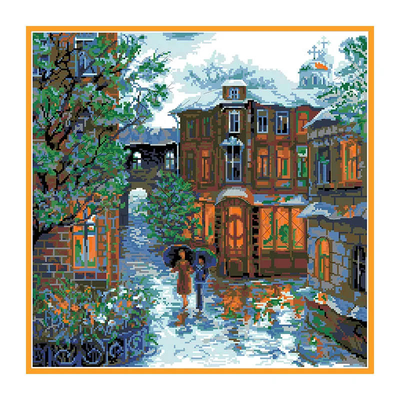 Rainy Season Counted Cross Stitch Kit Printed Canvas Landscape Embroidery Needlework Sets 11CT 14CT DIY Home Decoration Painting