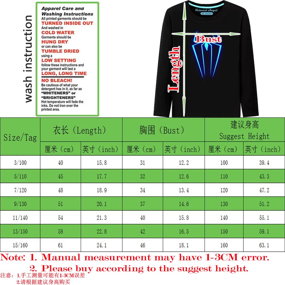 Boys T Shirt Kids 3D Print Luminous Cartoon Cotton Black T-Shirt For Girls Teen Costume Children Clothes Tops Long Sleeve Tshirt