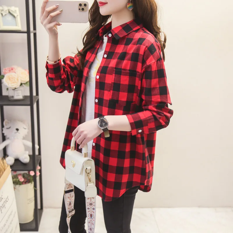 Women\'s Flannel Plaid Shirt 2022 Autumn New Women Top Blouse Loose Long Sleeve Blouses Ladies Cotton Casual Fresh Design Clothes