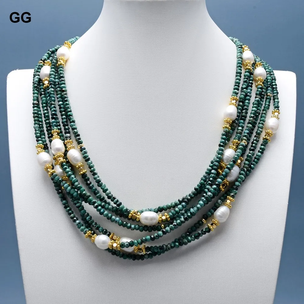 GG 7 Rows Freshwater Natural Rice Pear Faceted Rondelle Ruby Green Jades Necklace Handmade For Women