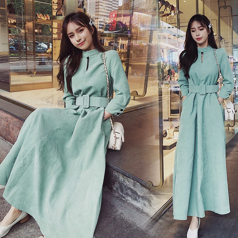 French retro Hong Kong style spring and autumn women's new Korean temperament long section high waist corduroy dress