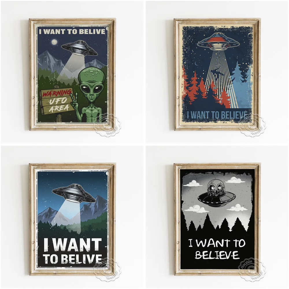 American Sci-Fi Movie I Want To Believe Retro Poster, UFO Vintage Art Prints, Aliens Cartoon Portrait Wall Picture Home Decor