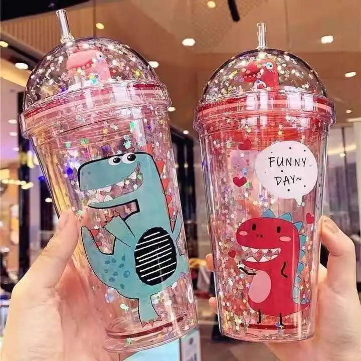 Kawaii Dinosaur Blossom Bottle Creative Sequin Rabbit Crushed Ice Cup Summer Drink Mugs With Straw Coffee Juice Mugs