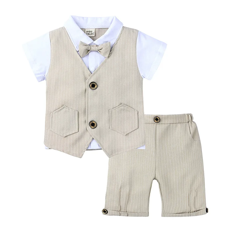 Bowtie Baby Boys Summer Shirts Stripe Short Pants Suits Children's Tuxedo Cotton Kids Sets Outfits Gentleman Trousers Vest