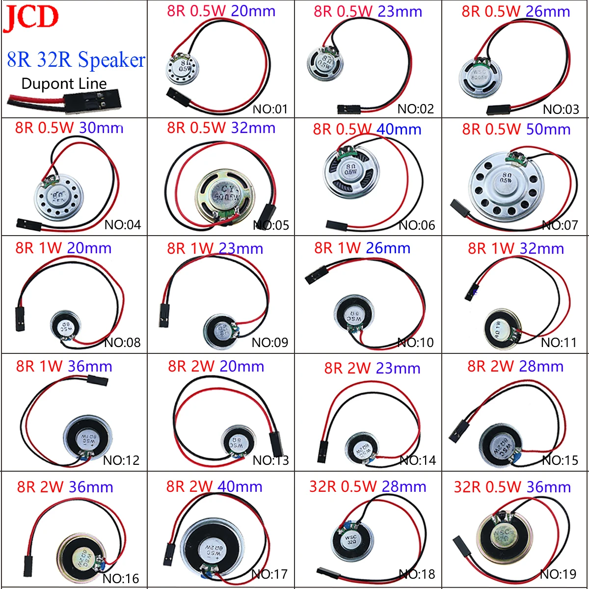 JCD 1Pcs Ultra-thin Speaker 8R 32R 0.5W 1W 2W Ultra-thin Speaker Amplifier Diameter 20 23 26 28 30 32 36 40 50MM DuPont Cable