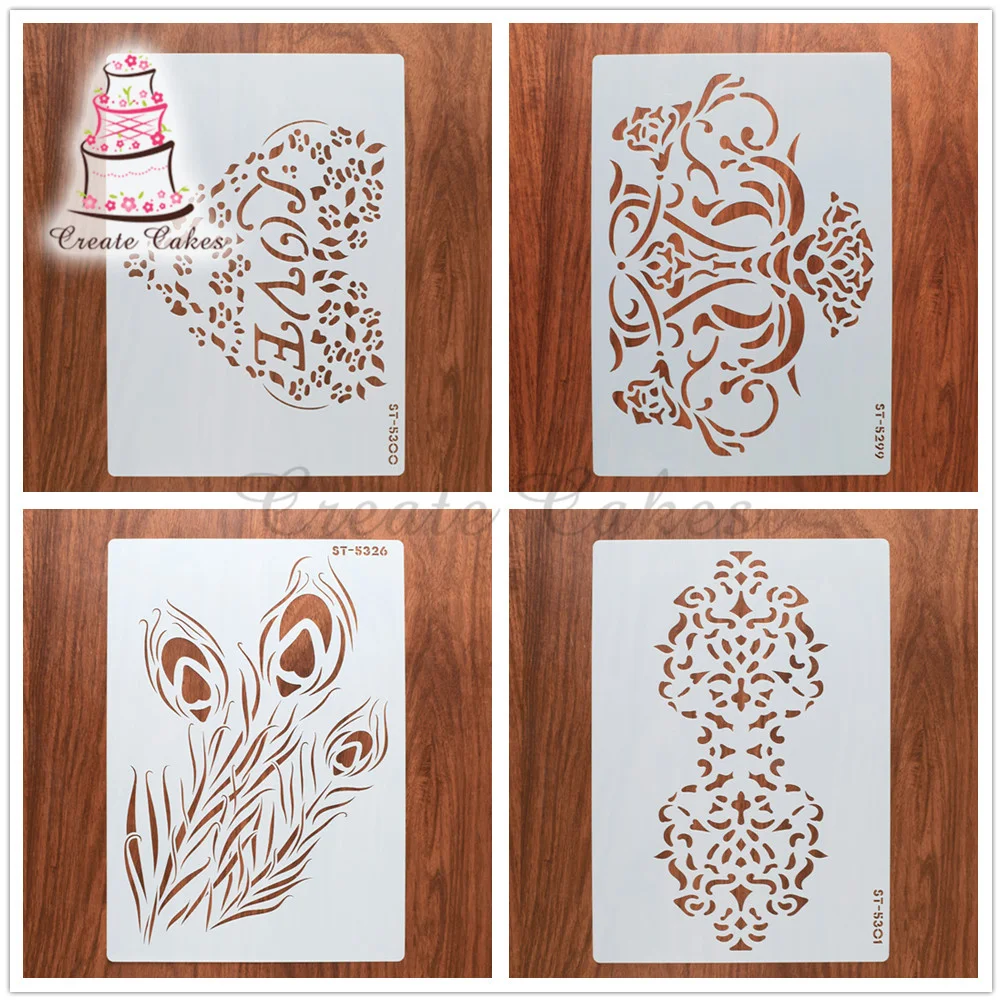 4pcs/set A4 Size Flowers Stencil For Walls Painting Cake Decorating Fondant Tools Cupcake Baking Tool Wall Stencil