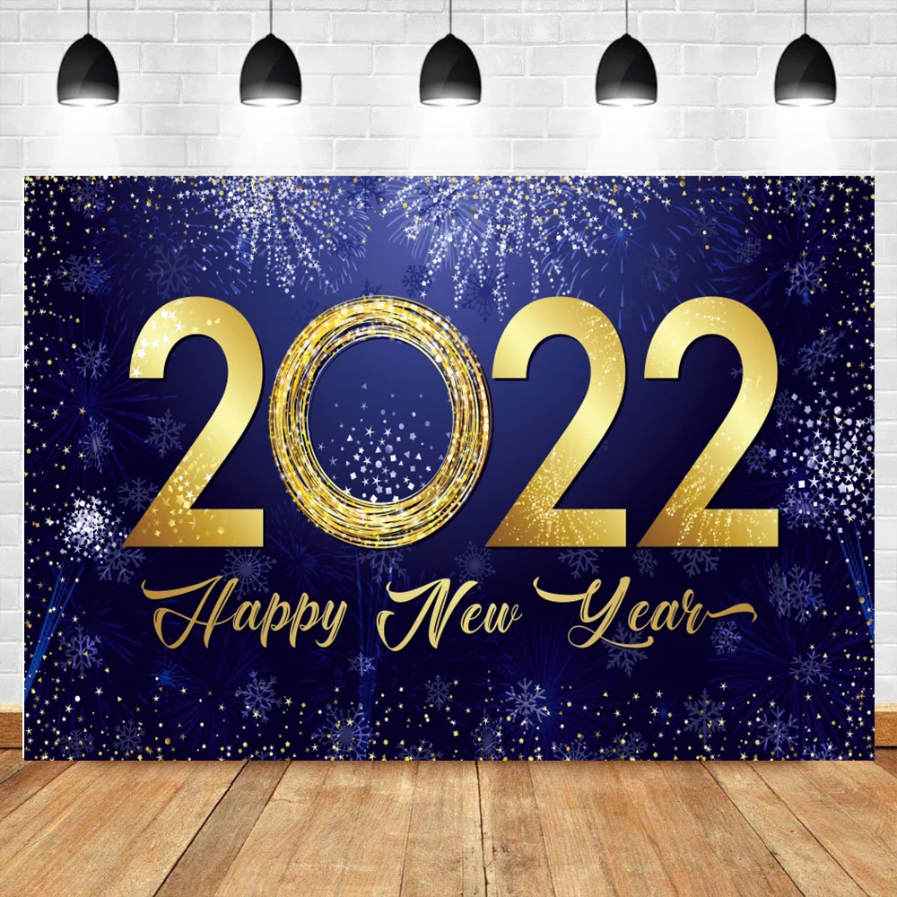 Laeacco Gold Shiny Fireworks Happy New Year Of 2022 XMAS Party Celebration Poster Photo Background Photography Backdrop Banner
