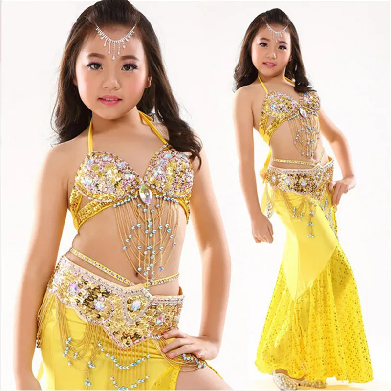 Top Grade Children Belly Dancing Clothes 3-piece Oriental Outfit Bra, Belt, Skirt Girls Belly Dance Costume Set Professional