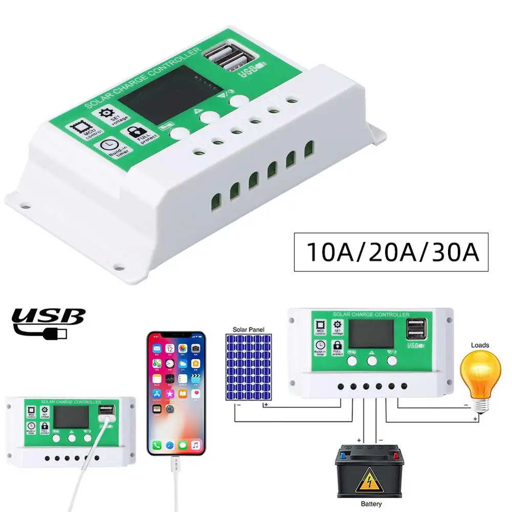 Controlador de carga solar 10a/20a/30a 12v 24v, controle de luz, bateria de lítio, display lcd pwm r, carregador de painel solar usb duplo, novo