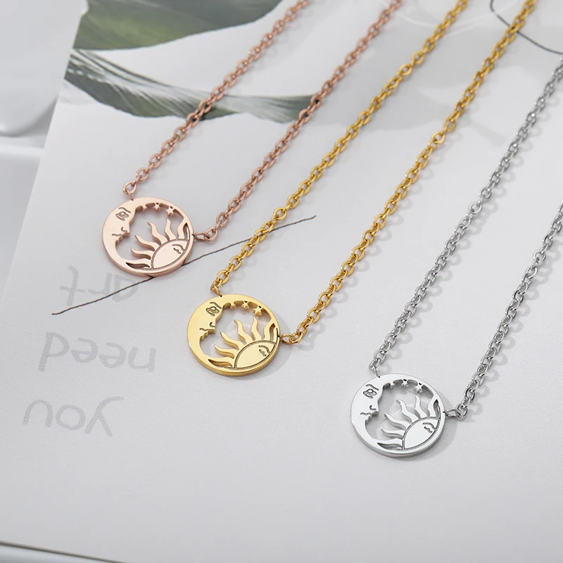 Stainless Steel Moon and Sun Face Pendant Necklace For Women Minimal Disc Coin Necklace Fashion Jewelry Bijoux Femme 2021 Trendy