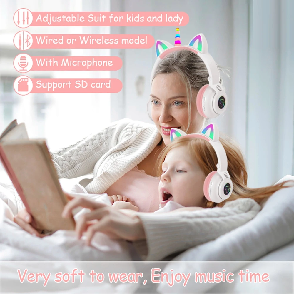 HiFi Girls Wireless Unicorn headphones with Mic phone Stereo Bass Cute Children Music Kid Cat Bluetooth Headsets Support SD Card