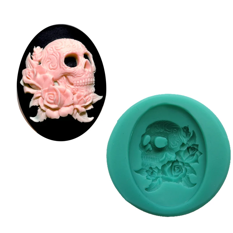 Silicone Fondant Mold Skull with Rose DIY Fondant Cake Decoration Mold Small Food Grade Cameo Pendant Cake tools