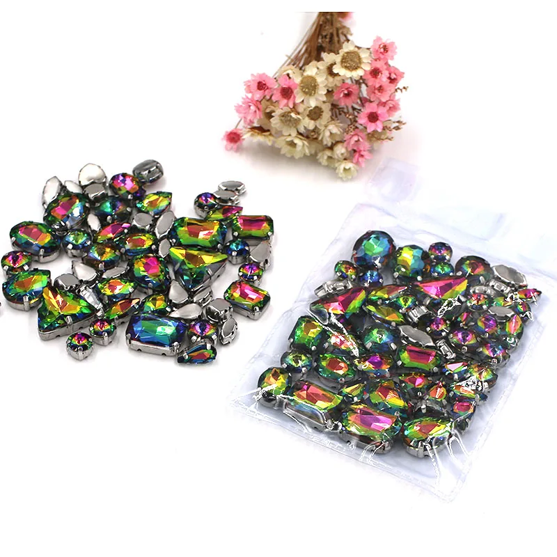 Free shipping 50pcs/bag mixed shape crystal glass rhinestones Rainbow Color faltback sew on rhinestones diy clothing accessories