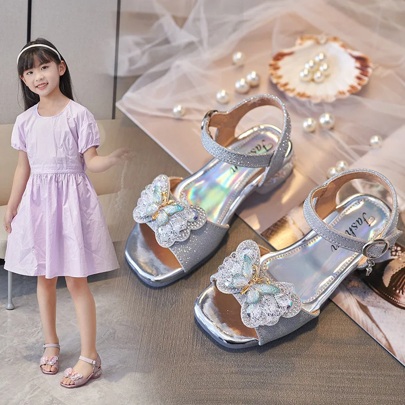 

Fashion Girls Sandals Summer Bowknot Rhinestone Crystal Princess Shoes For Wedding And Party Dance Kids Sandal Pink Silver 3-12T