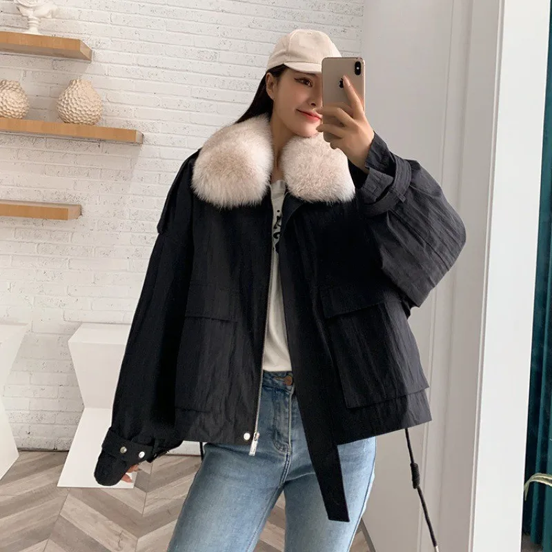 Fashion parka for women real fur coat 2023 new winter rex rabbit fur liner fox fur collar detachable warm thick short fur jacket