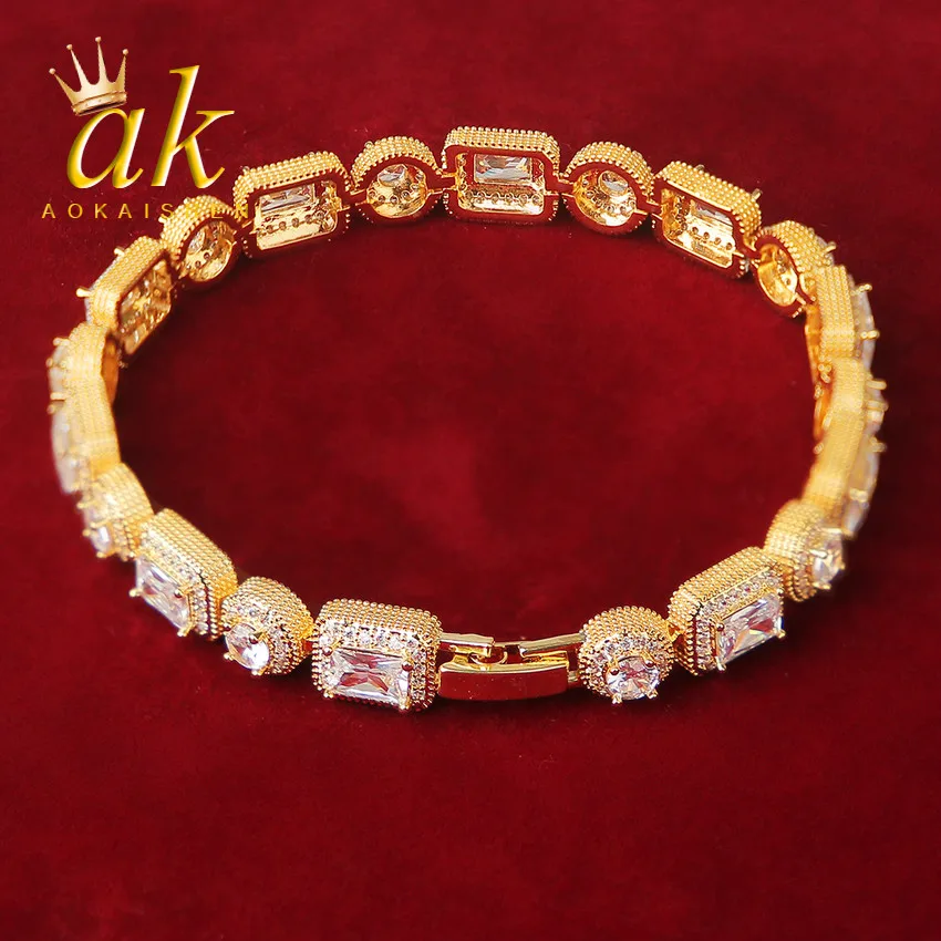 Square Cluster Zirconia Link Bracelet for Women 24K Real Gold Color Plated Hip Hop Rock Street Jewelry