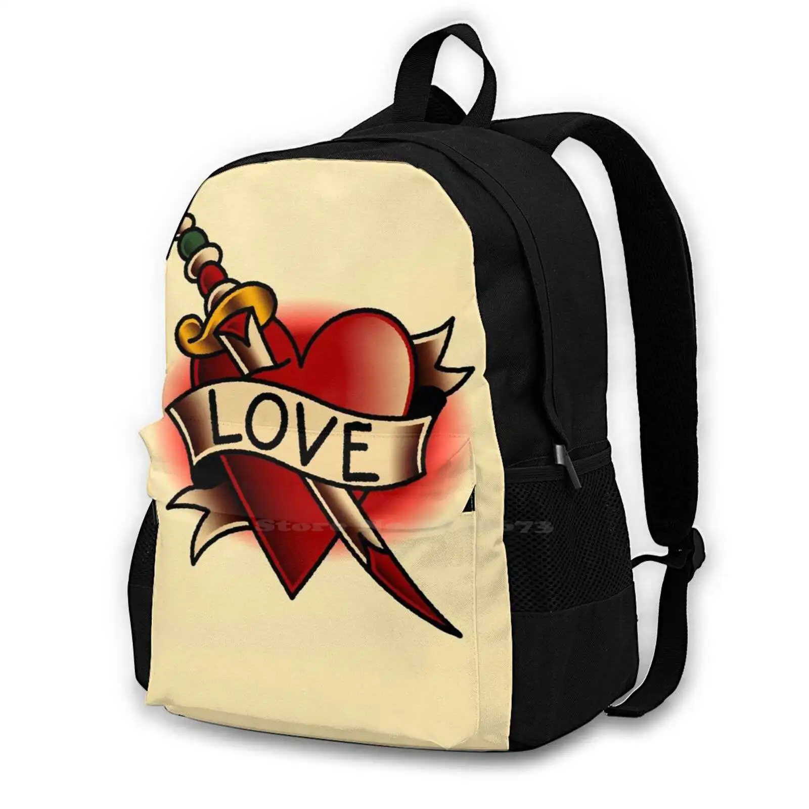 American Traditional Love Heart School Bag Big Capacity Backpack Laptop Love Dagger American Traditional Tattoo Flash Heart