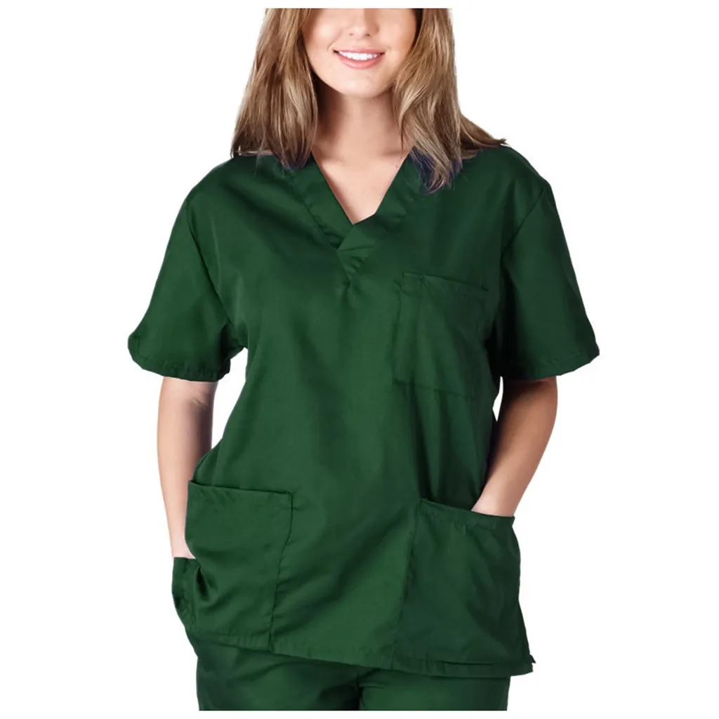 Women Man Fashion Scrubs Tops V-Neck Short Sleeves Shirt With Two Large Pockets Beauty And Health Workwear SPA Nursing Uniform