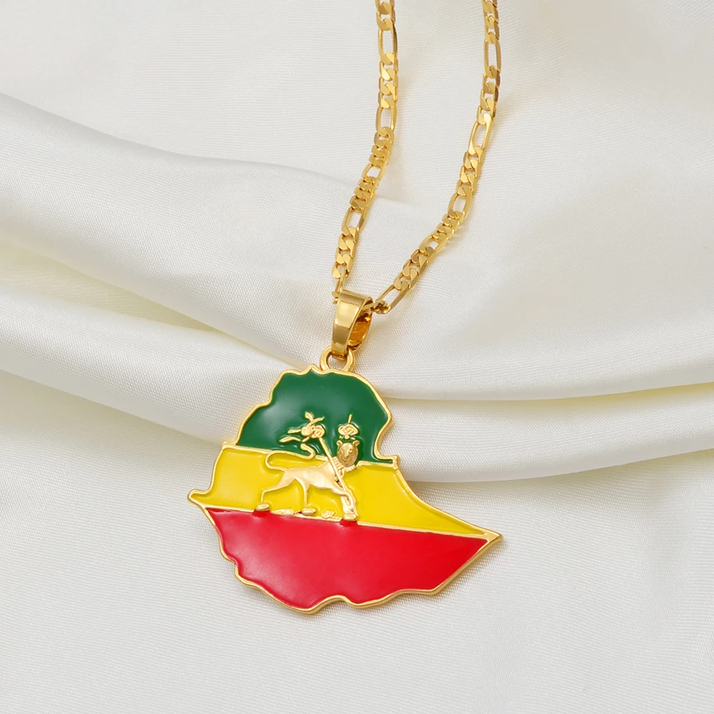 Anniyo 4.7CM Ethiopian Map Flag Pendant Necklace for Women Men Gold Color Ethiopia Jewelry Map Chains @008606