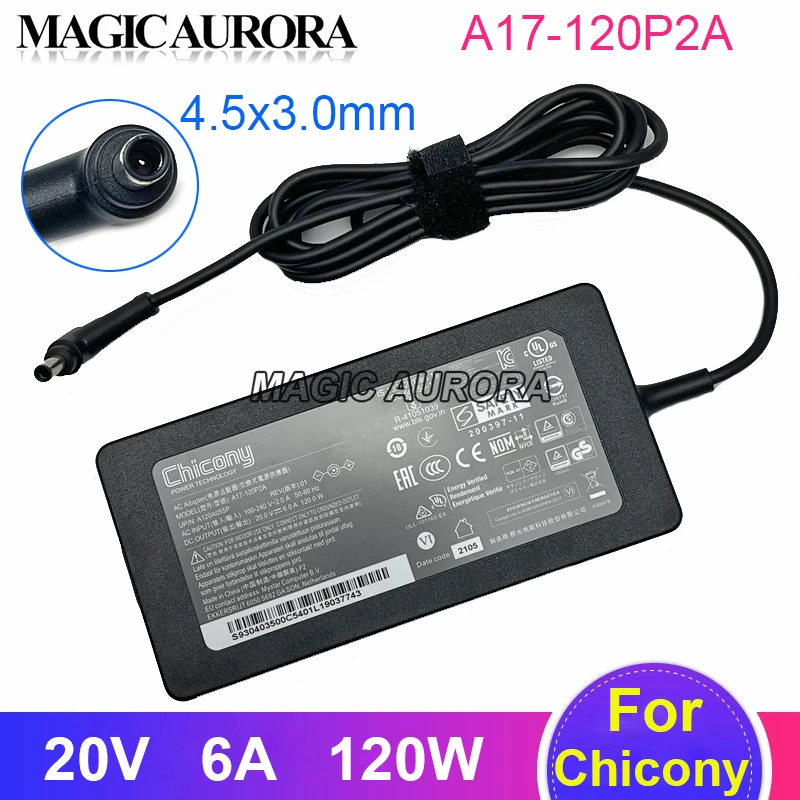 Chicony-carregador Portátil com um Pino Adaptador de Alimentação A17120p2a para Msi Gf63 Thin Ms-16r5 20v 6a 120w 4.5×3.0 mm
