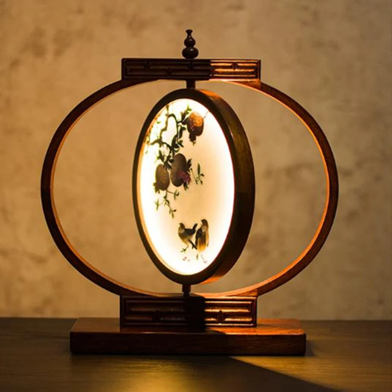 Chinese Luxury Decor LED Night Light Table Lamps for Bedroom Bedside Ornaments Silk Hand Embroidery Works Wooden Hotel Bedlamp