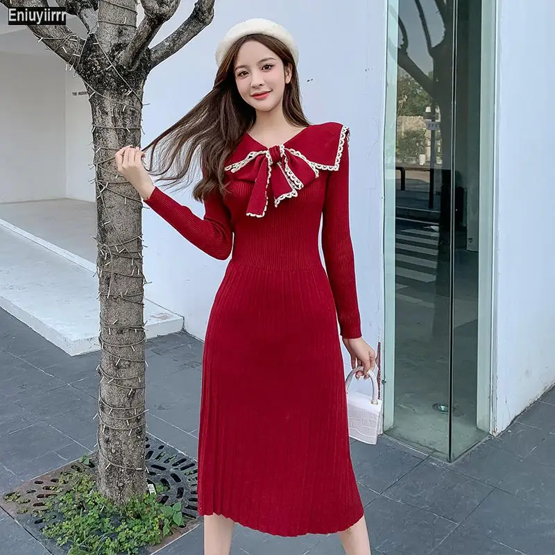 Women Winter Spring Bow Tie Cute Sweet Long Red Knit Sweater Dress