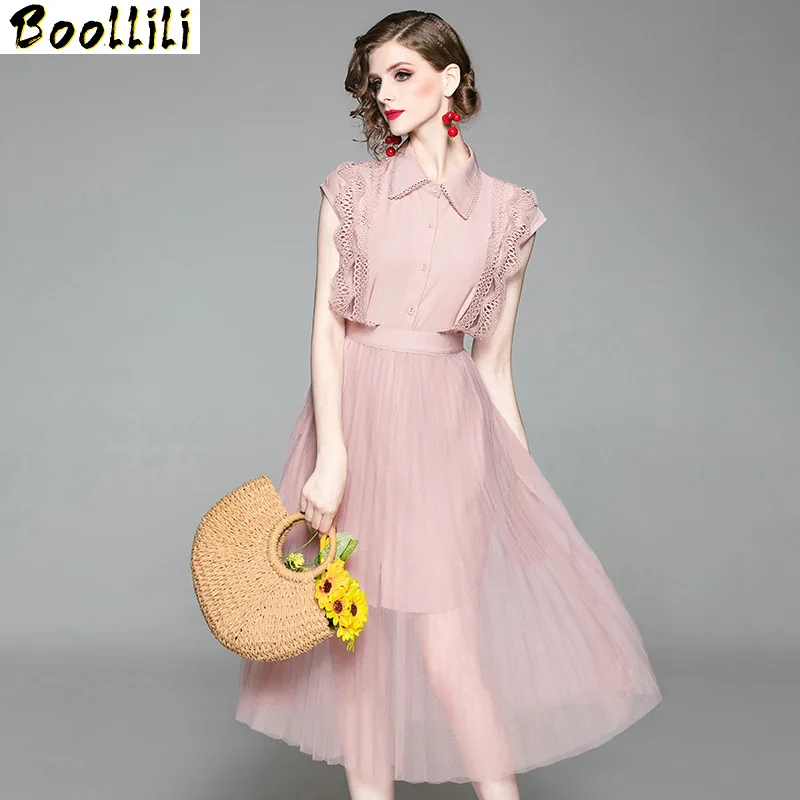 

Two Piece Boollili Set Summer Dress 2023 Vintage Elegant Shirt Maxi Dress Women Clothes Party Pink Mesh Women Dress Vestidos