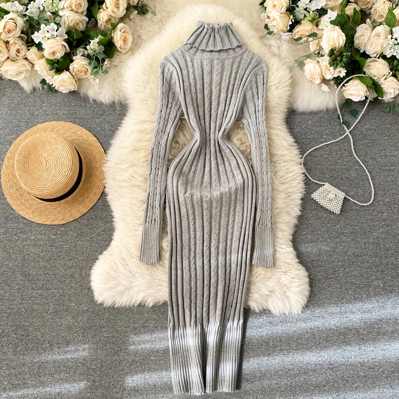 Knitted Turtleneck Women\'s Dress Autumn 2021 Fashion Screw Thread Warm Slim Straight Long Dress Spring Elegant Female Clothing