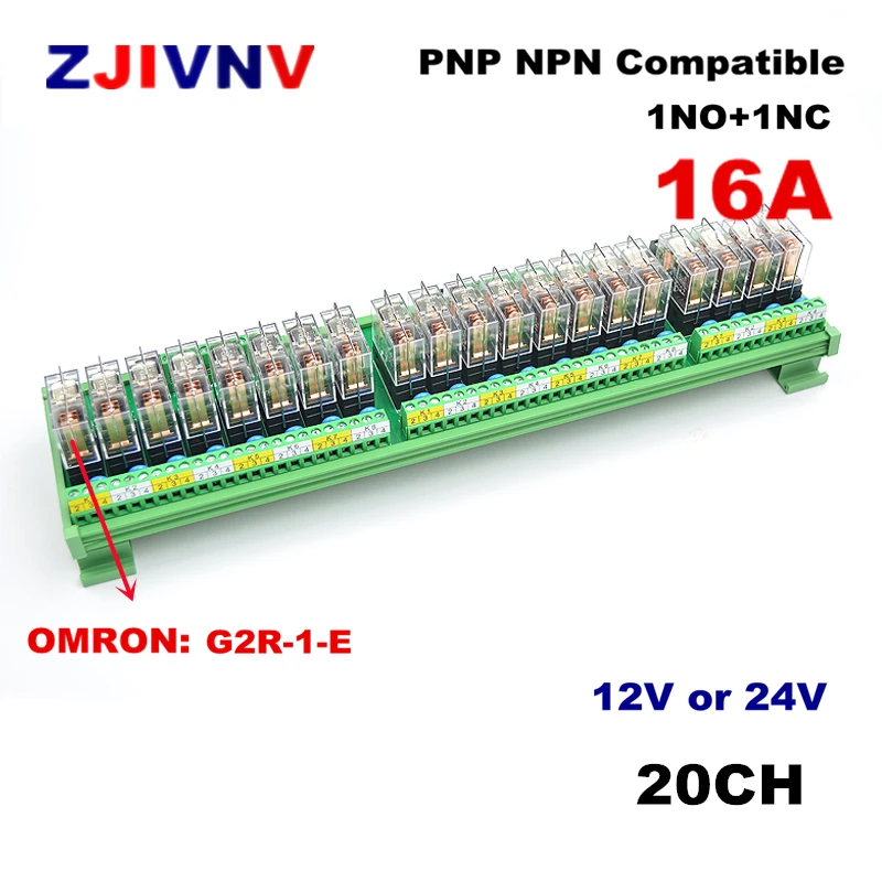

20 channels DIN Rail Mount 16A Power Relay Interface Module 1 NO+1 NC with G2R-1-E DC12v/24V Relay PNP NPN compatible
