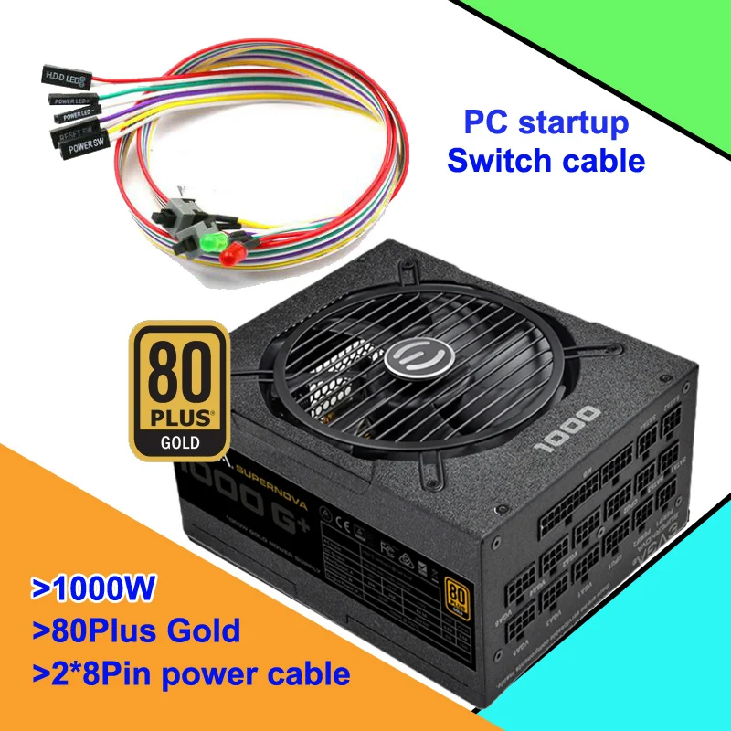 

80Plus Golden 1000W PSU PFC Active Noiseless Full Modular Power Supply Unit 100V-240V PC Switch Cable 3 Years Warranty