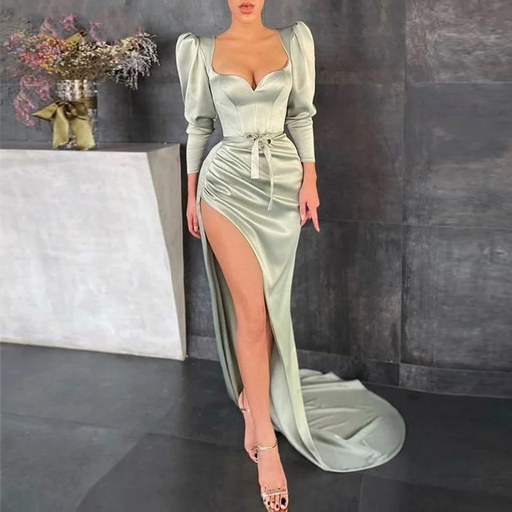 

Sexy Green Long Mermaid Evening Dresses 2023 Satin Side Split Sweetheart Prom Gowns Long Sleeves Custom Made vestido de fiesta