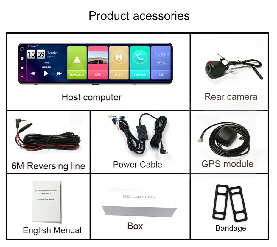 Espelho retrovisor do carro Android Dash Cam, Tela sensível ao toque DVR, lente dupla traseira 4G, câmera GPS, gravador de vídeo automático, câmera do painel, 11"