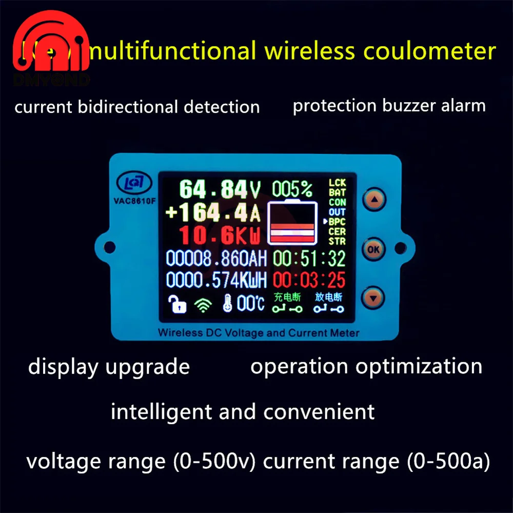 Misuratore di tensione Wireless da 2.4 pollici voltmetro amperometro DC 500V 100V batteria solare ricarica coulometro capacità rilevatore di potenza