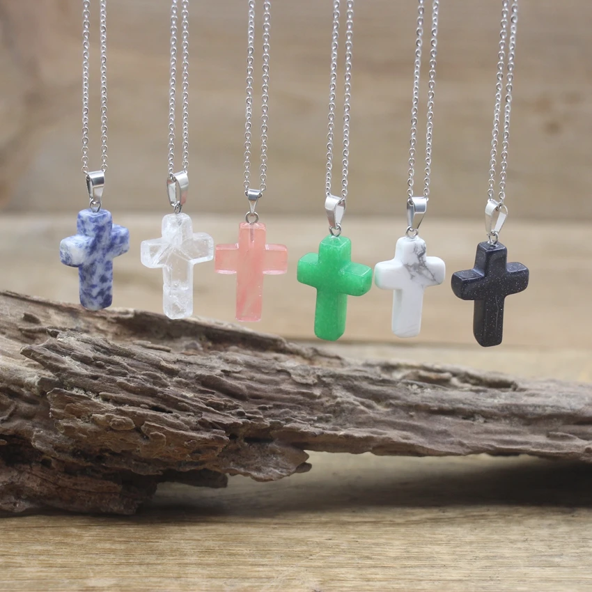 Natural Stone Cross Pendants Necklace Healing Crystal Quartz Agates Obsidian Small Cross Reiki Chakra Charm Women Jewelry QC3112