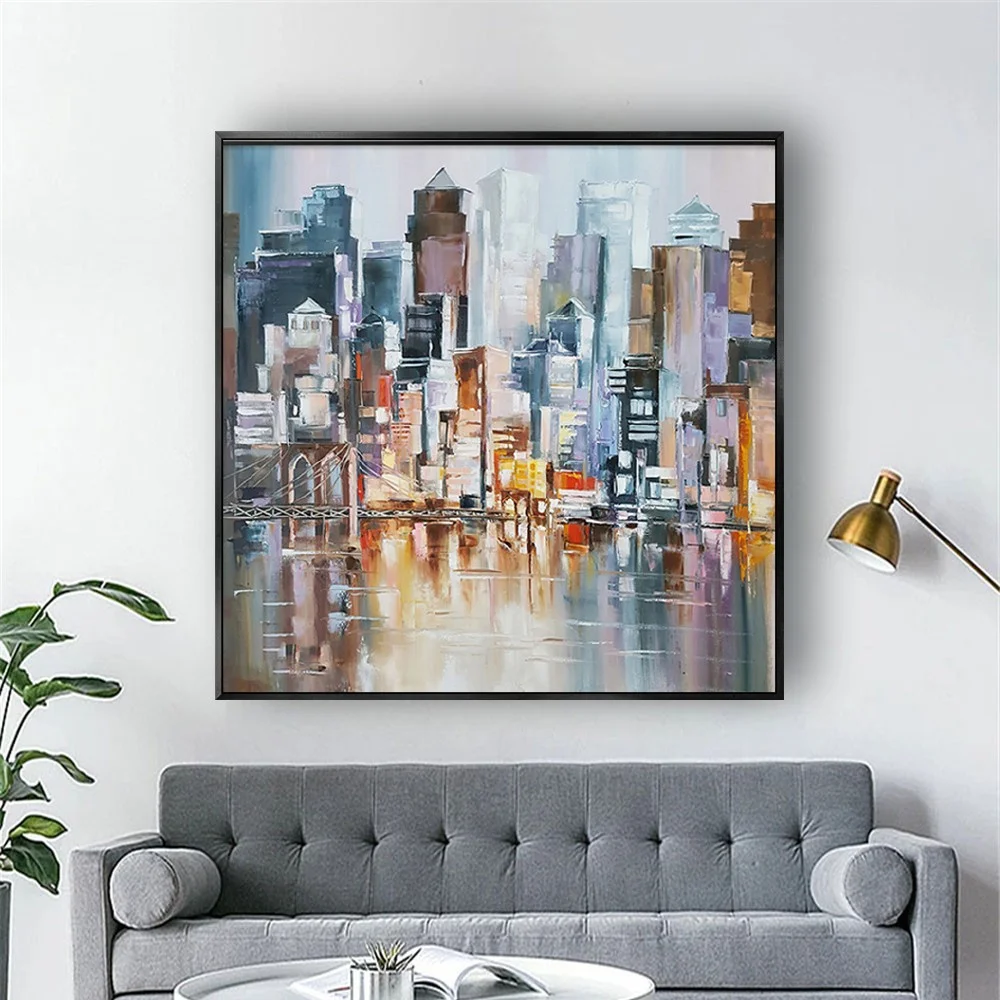 100% Hand-Painted Oil Paintings Modern New York City View Abstract Thick Oil Texture Canvas Painting For Home Living Room Decor